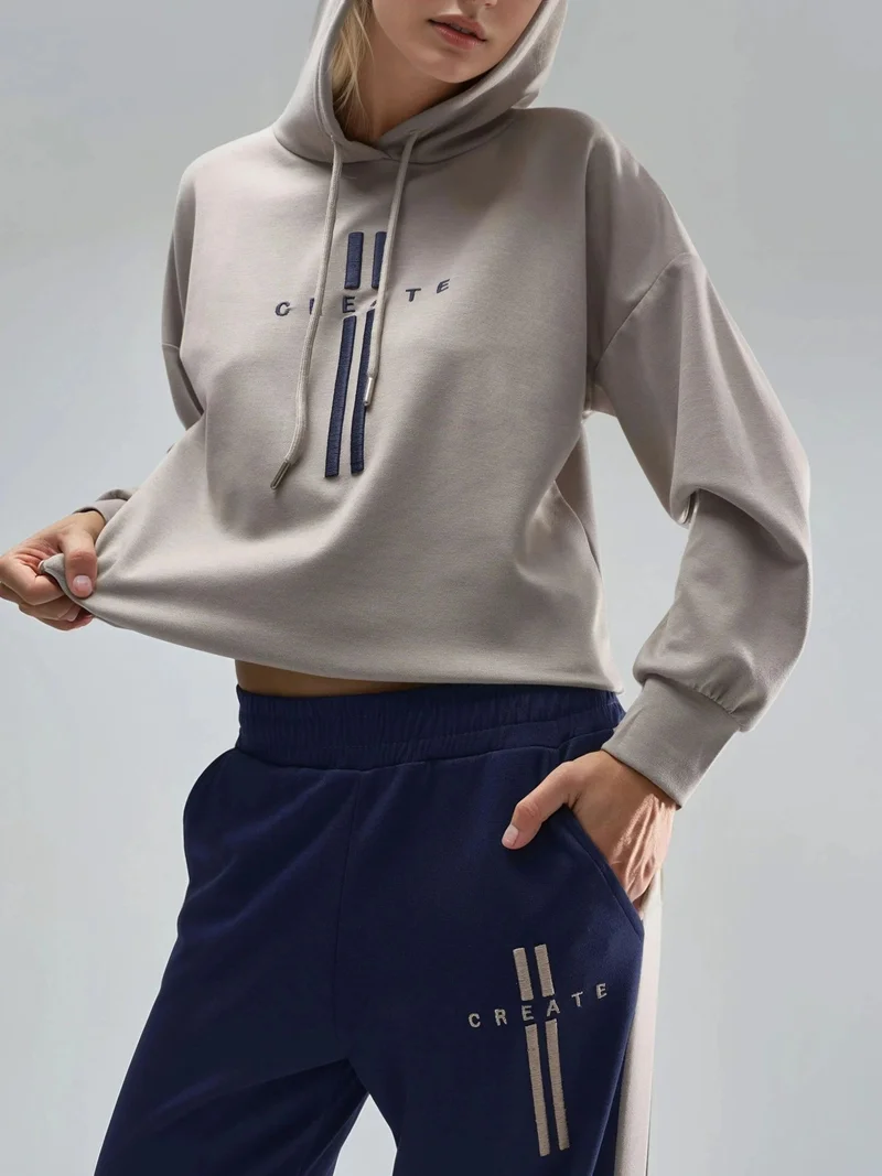 Hiccup Tan Natural Modal Touch Hooded Sweatshirt & Stripe Detailed Pants Set Bersan Collection for Women | Best Price UAE